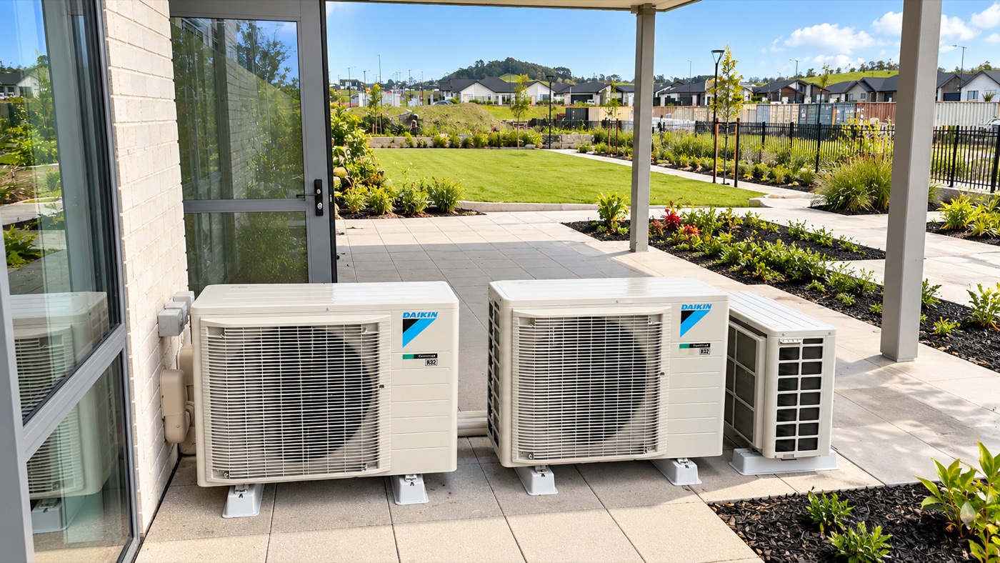 Daikin outdoor heat pump units installed on a landscaped courtyard patio
